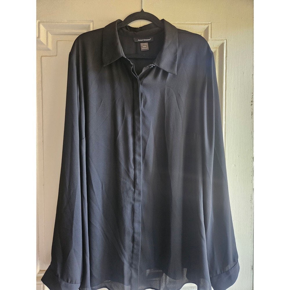 Ashley Stewart Black Button Down Blouse Long Sleeve Solid Top Plus Size 18/20W